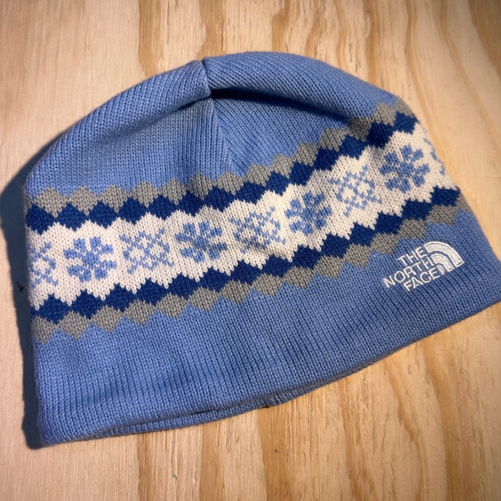 The North Face Blue Snowflake Knit Fleece Lined Beanie Hat OS Made in Canada
